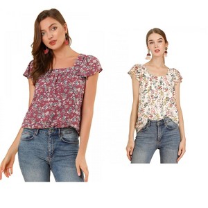 Allegra K Women's Chiffon Ruffle Sleeve Square Neck Floral Print Blouse 2 Pcs - 1 of 4