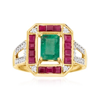 Ross-Simons 0.80 Carat Emerald, .70 ct. t.w. Ruby and .22 ct. t.w. Diamond Ring in 14kt Yellow Gold