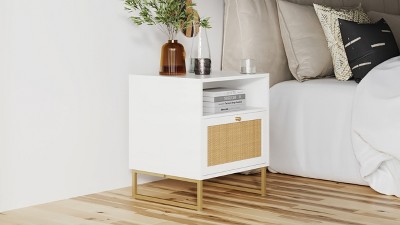Mina Oak and Black Rattan 2-Drawer Nightstand