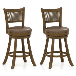Tangkula Set of 2 Bar Stools 25" Swivel Bar Chairs w/ PE Rattan Backrest Counter Height - 1 of 4
