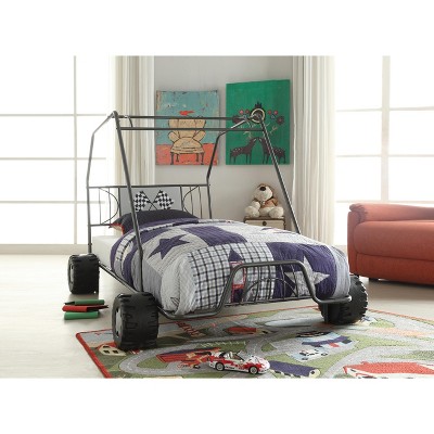 TiramisuBest Gunmetal Twin Metal Bed with Go Kart Design, 56x84x51 inches, 51 lbs