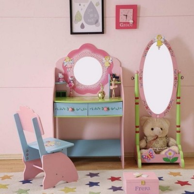INFURNIC Vanity Tables Kids Dressing Table with Chair Shatterproof Mirror and Pull Out Storage for Playrooms, Pink, 26.77"*15.35"*47.24"