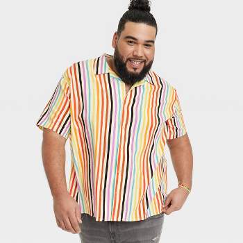 Pride Adult Short Sleeve Rainbow Woven Button-Down Shirt - Striped 4X