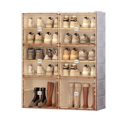 Vynxaria Brown and White Portable Shoe Organizer with Doors and Shelves