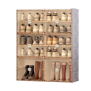Vynxaria Brown and White Portable Shoe Organizer with Doors and Shelves - 1 of 4