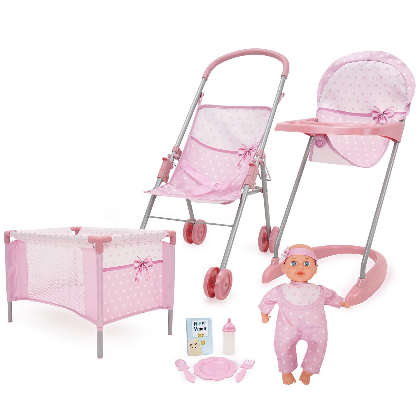 Аксессуары для кукол 509Crew 509 Crew: Bow Travel Care N' Feed Doll Set Stroller Accessories Pink White 9pc, цвет: Розовый — фото 1
