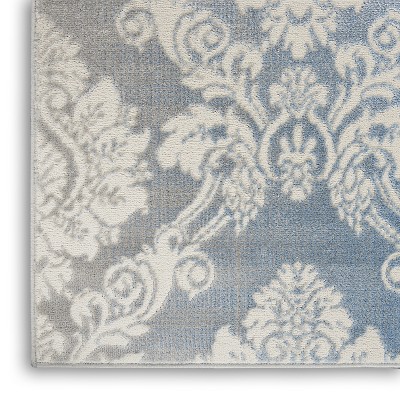 Ivory Blue Floral Damask 5' x 7' Easy-Care Synthetic Area Rug
