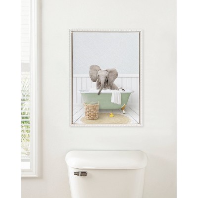 18" x 24" White Framed Canvas Print of Baby Elephant in Bathtub