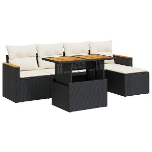 vidaXL Patio Sofa Set with Cushions Modular Seating 6 Piece Poly Rattan Acacia - Black and Cream with Storage - 1 of 4