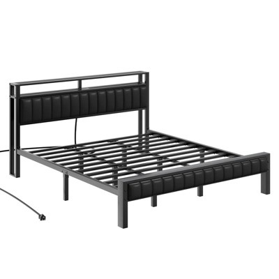 Amerlife Platform Bed Frame LED Bed Frame with PU Leather & Charging Station