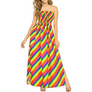 LA LEELA Women's Summer Rainbow Flag Smocked Swing Tube Top Dresses for Women One Size Multi Stripes - 1 of 4