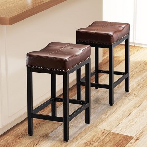 IULULU Bar Stools Counter Height - 24 Inch Saddle Stools, PU Leather, Brown - 1 of 4