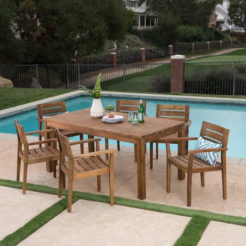 Wilson 7pc Acacia Wood Dining Set with Expandable Dining Table Teak Christopher Knight Home