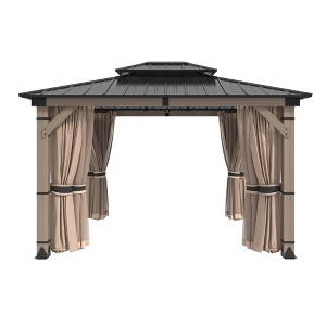 Mondawe 10x12Ft. Outdoor Solid Wood Frame Patio Gazebo Galvanized Steel Hardtop w/Curtain & Netting - 1 of 4
