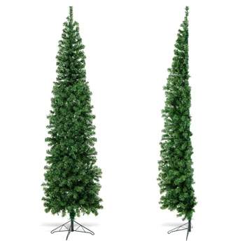 Tangkula 7FT Pre-lit Half-Shape Christmas Tree Artificial Xmas Tree w/450 Branch Tips & 150 Warm White Lights, Seasonal Decor tree w/Metal Base