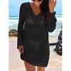 Women's Crochet Knit Beach Cover-Up - V-Neck Long Bell Sleeve Sheer Swimwear Tunic Dress - 2 of 4