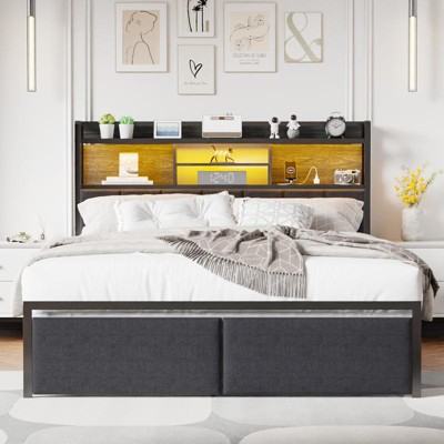 Furnulem Full Size Bed Frame with Upholstered Headboard, Storage Drawers, Charging Station and LED Lights, No Box Spring Needed, Noise Free