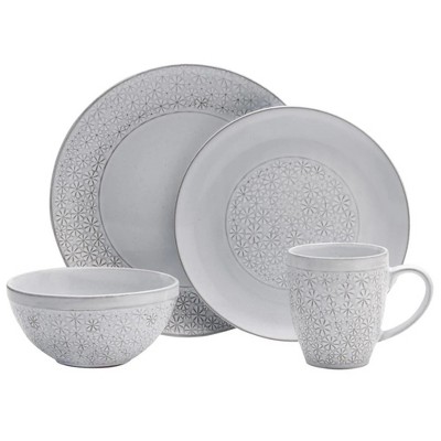 Pfaltzgraff Blossom 16-Piece Porcelain Dinnerware Set, White, Includes Plates, Bowls, Mugs, Tableware Formal & Casual Dining, Rustic Farmhouse Décor