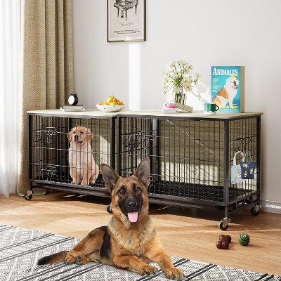 Dog Crate Furniture, 38.6" Wooden Dog Kennel with Wheels & Double Doors, Indoor Dog Crate House for Large Medium Dogs