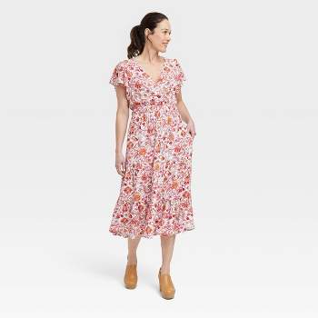 Women's Flutter Short Sleeve Tiered A-Line Dress - Knox Rose™ Magenta Floral XL