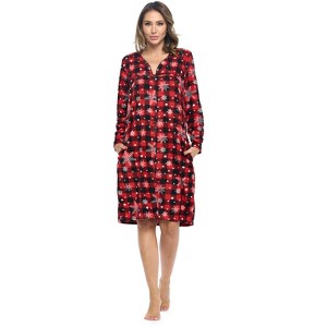 Casual Nights Women's Printed Fleece Snap-Front Lounger House Dress - 1 of 4
