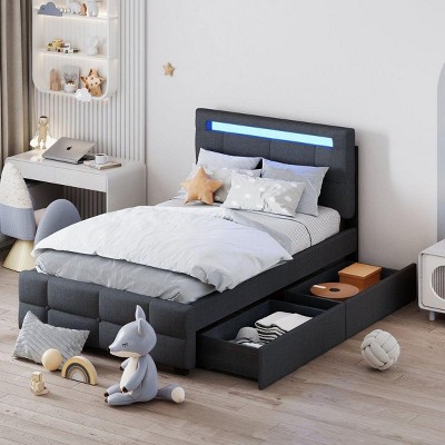 Streamdale Twin Size Upholstered Platform Bed with LED Frame and 2 Drawers, Linen Fabric, Gray