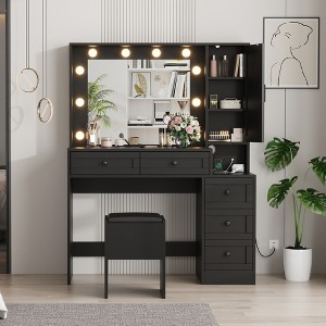 Modern Vanity Stool Set, Farmhouse Makeup Table and Stool with Lighted Mirror, Power Outlets, 6 Drawers, Cabinet, Wooden Vanity Desk for Bedroom - 1 of 4