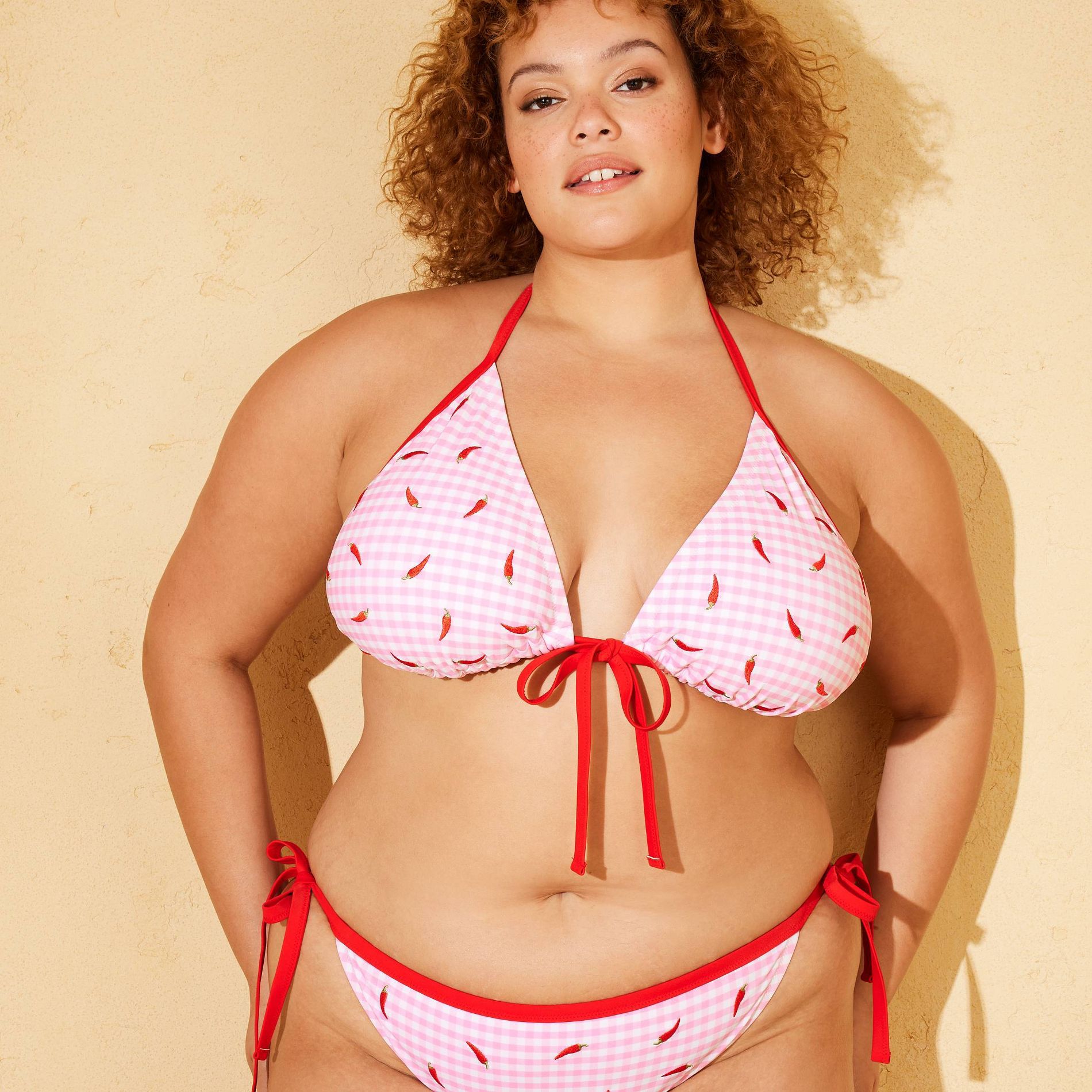 Women's Chili Embroidered Contrast Binding Center-Tie Tall Triangle Bikini Top - Wild Fable™