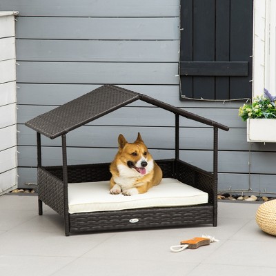 Medium Brown Wicker Elevated Outdoor Dog Bed with Canopy