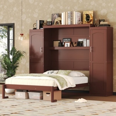 Full Size Murphy Wall Bed with Built-In Wardrobes, Space-Saving Foldable Wooden Platform Bedframe for Guest Room or Bedroom-The Pop Home