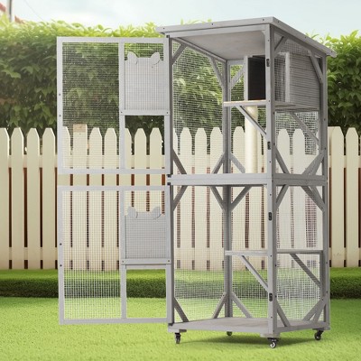 KWPZQEB Large Cat House Outdoor Catio Cat Enclosures with Wheels & 2 Doors, 70.9" Kitty House with Upgraded Resting Box Waterproof Roof, Gray