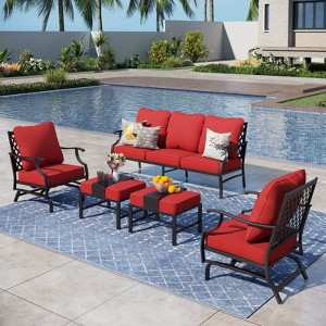 Captiva Designs 5pc Metal Patio Outdoor Conversation Set with Rocking Grid-back Chairs and Ottomans - 1 of 4