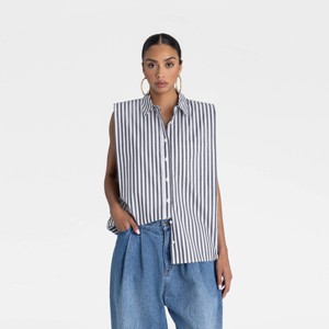 KBB by KAHLANA Women's Sleeveless 'The Shoulder Pad Shirt' - Blue/White Striped - 1 of 3