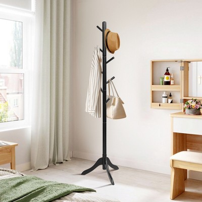 Black Rubber Wood Adjustable Height Coat Rack with 8 Hooks