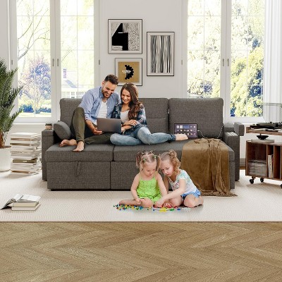 homfan Reversible L-Shaped Sofa Bed w/Storage, USB Ports & Removable Covers - Versatile Sleeper for Modern Living Spaces