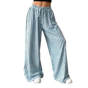 Women's High Waisted Striped Wide Leg Pants - Lightweight Drawstring Casual Palazzo Trousers - 1 of 4