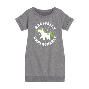 - Instant Message - St. Patrick's Day Magically Unpinchable Unicorn Graphic Short Sleeve Fleece Dress - 1 of 4