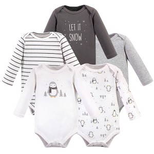 Hudson Baby Cotton Long-Sleeve Bodysuits 5pk, Gray Penguin - 1 of 4