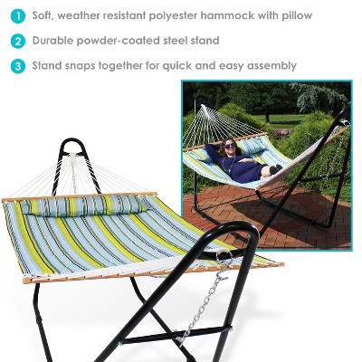 Blue and Green Quilted Fabric Double Hammock with Steel Stand