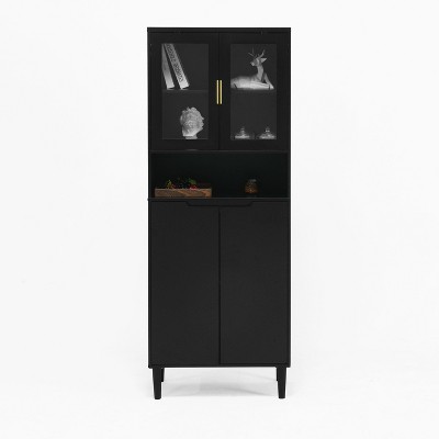 Lirago,23.62"D * 13.78"W * 63"H,Black Tall Bookcase with 4 Glass Doors, Adjustable Storage Cabinet, apply to Kitchen/Living Room/Dining Room