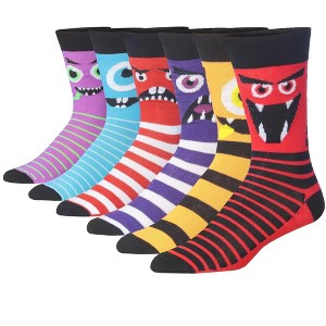 JAMES FIALLO Mens 6 Pairs Funky Monster Smiles Colorful Patterned Crew Dress Socks - 1 of 4