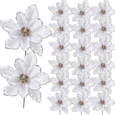 20-Pack Glittered Poinsettia Christmas Flowers for Tree Decorations, 6.3in Red Christmas Blossoms for Ornaments, Wreaths, and Holiday Home Decor