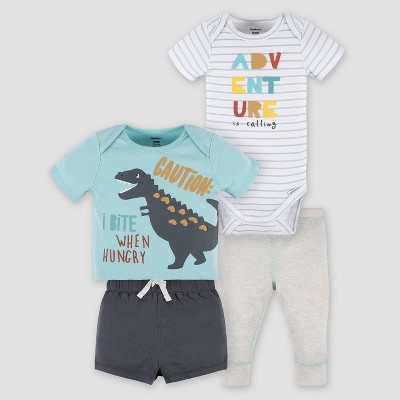 Gerber Baby 4pc T-REX Top and Bottom Set - Aqua Blue/White/Gray 3-6M