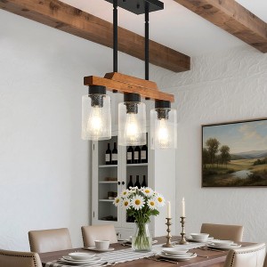 BAOURE 3-Light Farmhouse Wood Chandelier - 19.69" Rustic Rectangular Pendant Light - Black with Seed Glass Shades for Kitchen Islands & Dining - 1 of 4