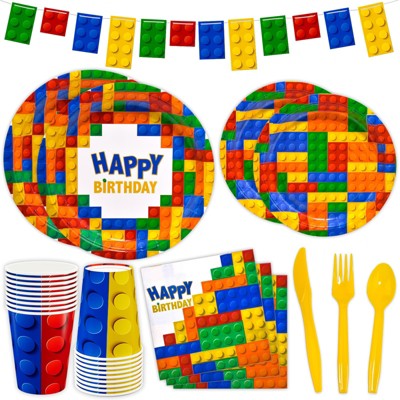 Dylives 180 Pcs Building Block Party Supplies -Birthday Party Decorations Kids Boys Disposable Tableware,Colorful Block Banner,Plates Napkins Cutlery