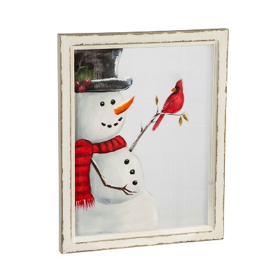 Cypress Home Snowman With Cardinal Hand Painted Screen Wood Frame Wall DéCor, 16"W X 20"H