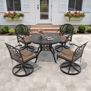 5-Piece Round Cast Aluminum Patio Set with Swivel Chairs,Blue Cushions,and Umbrella Hole - 1 of 4