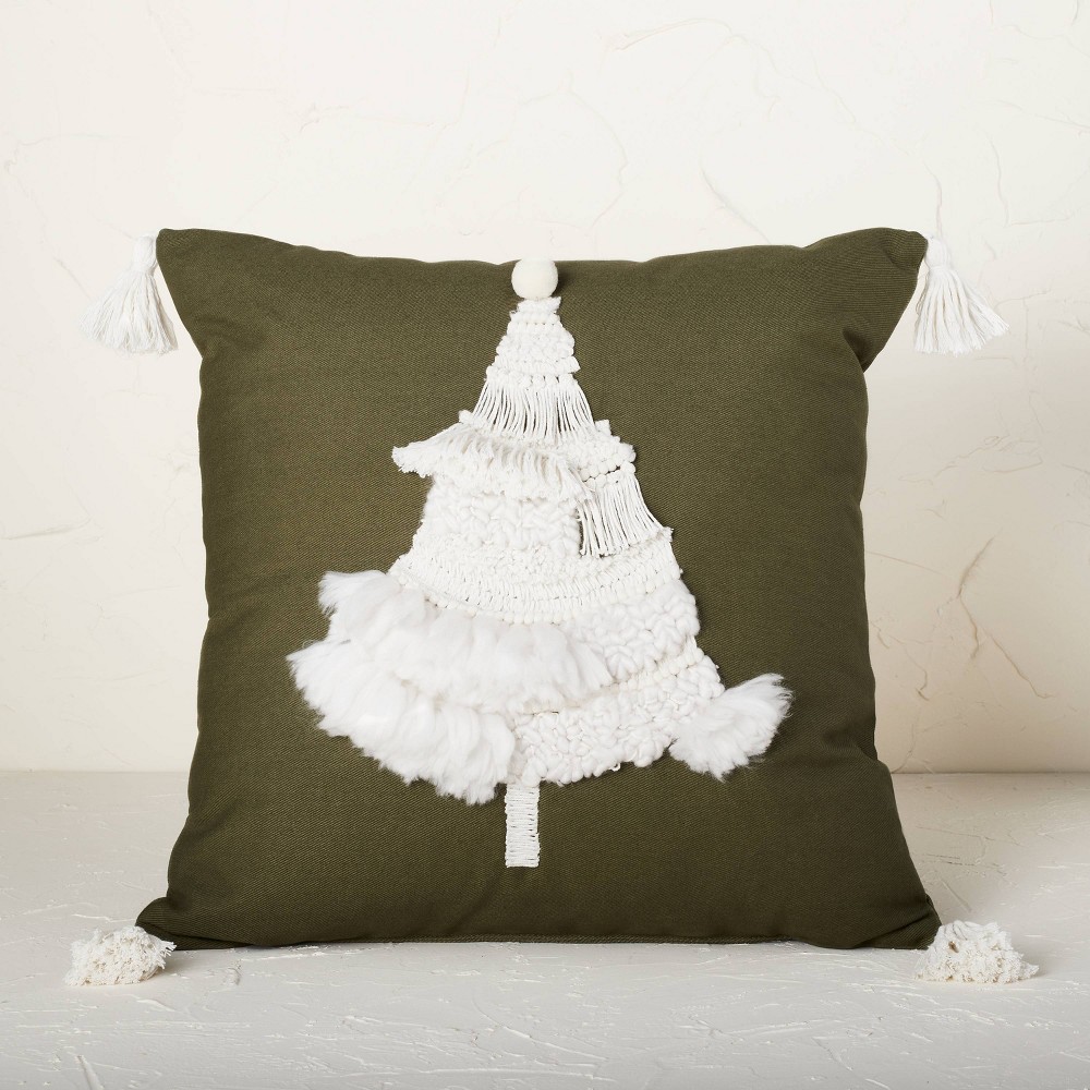 Fringed Christmas Tree with Pom-Poms Square Throw Pillow Green - Opalhouse designed with Jungalow