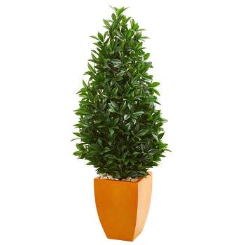 Nearly Natural 57-in Bay Leaf Artificial Topiary Tree in Orange Planter (Indoor/Outdoor)