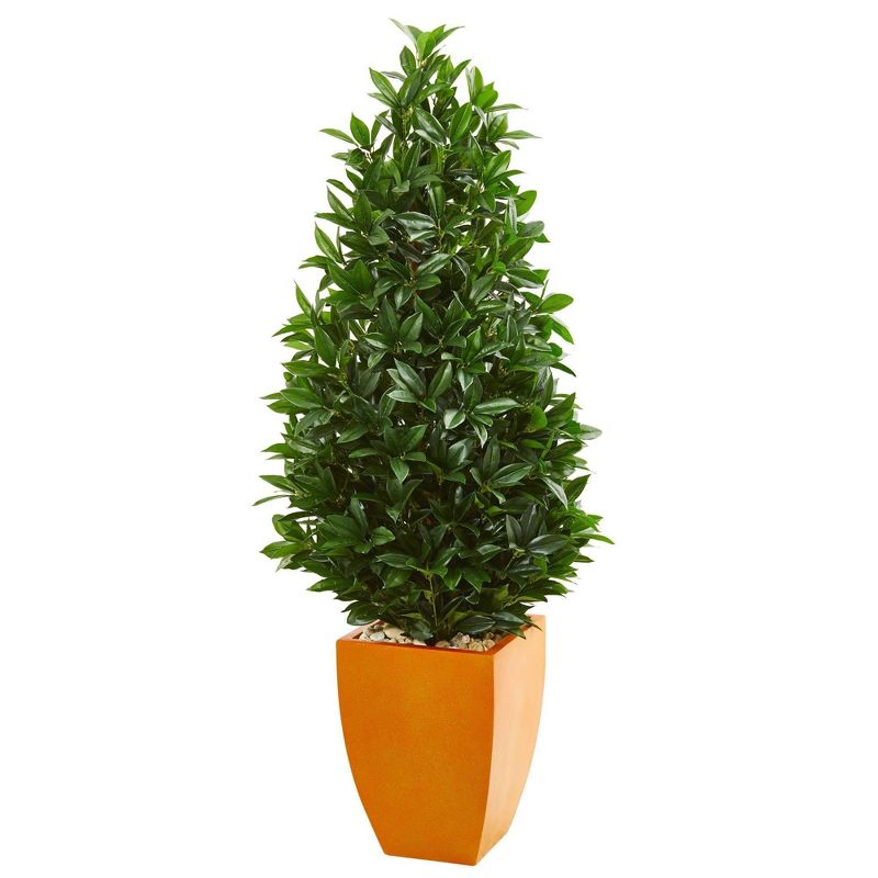 Nearly Natural 57-in Bay Leaf Artificial Topiary Tree in Orange Planter (Indoor/Outdoor), 1 of 2